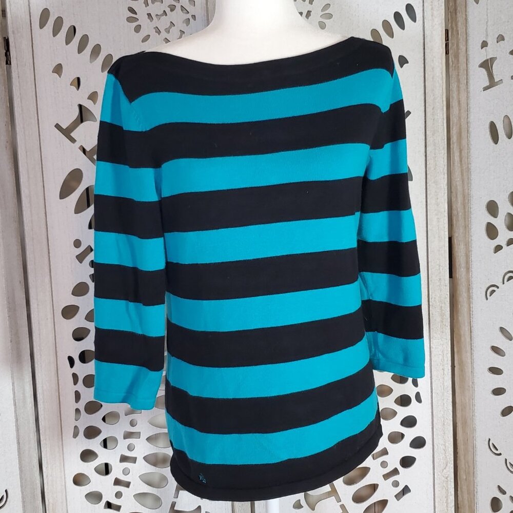 Lauren Ralph Lauren striped boatneck blue and teal Sweater Size M Preppy Coastal - Picture 3 of 9